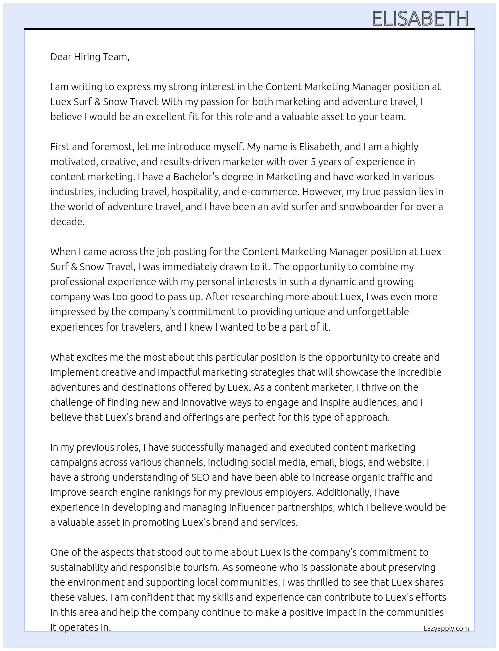 Content Marketing Manager At Luex Surf & Snow Travle Cover Letter