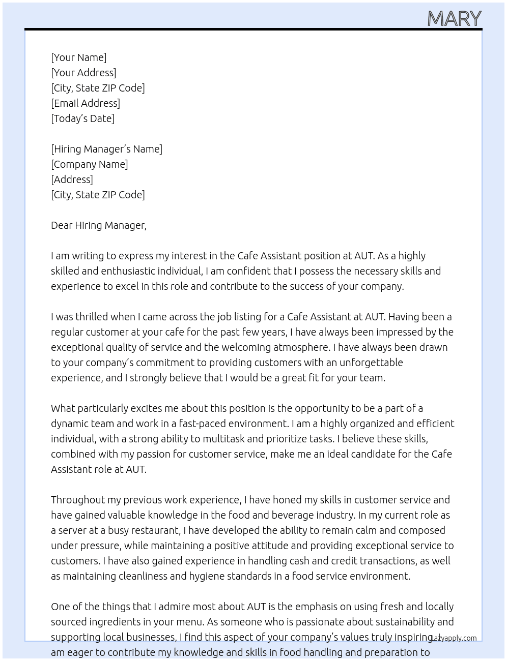 cafe assistant At aut Cover Letter