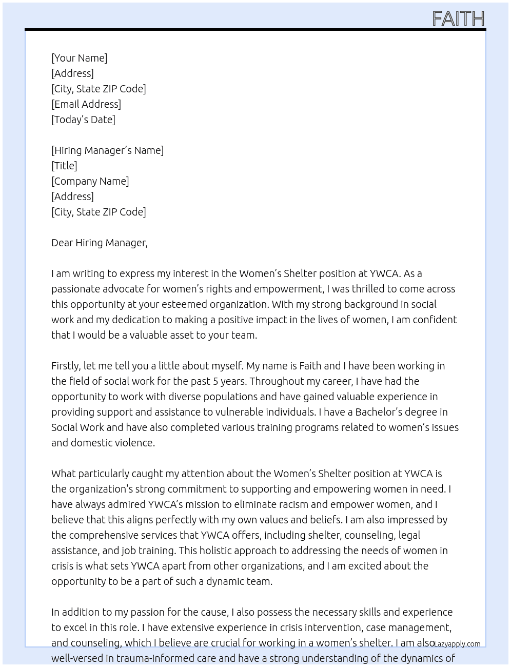 Womens Shelter At YWCA Cover Letter
