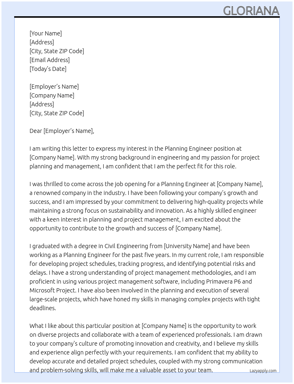 Planning engineer At PPC Cover Letter