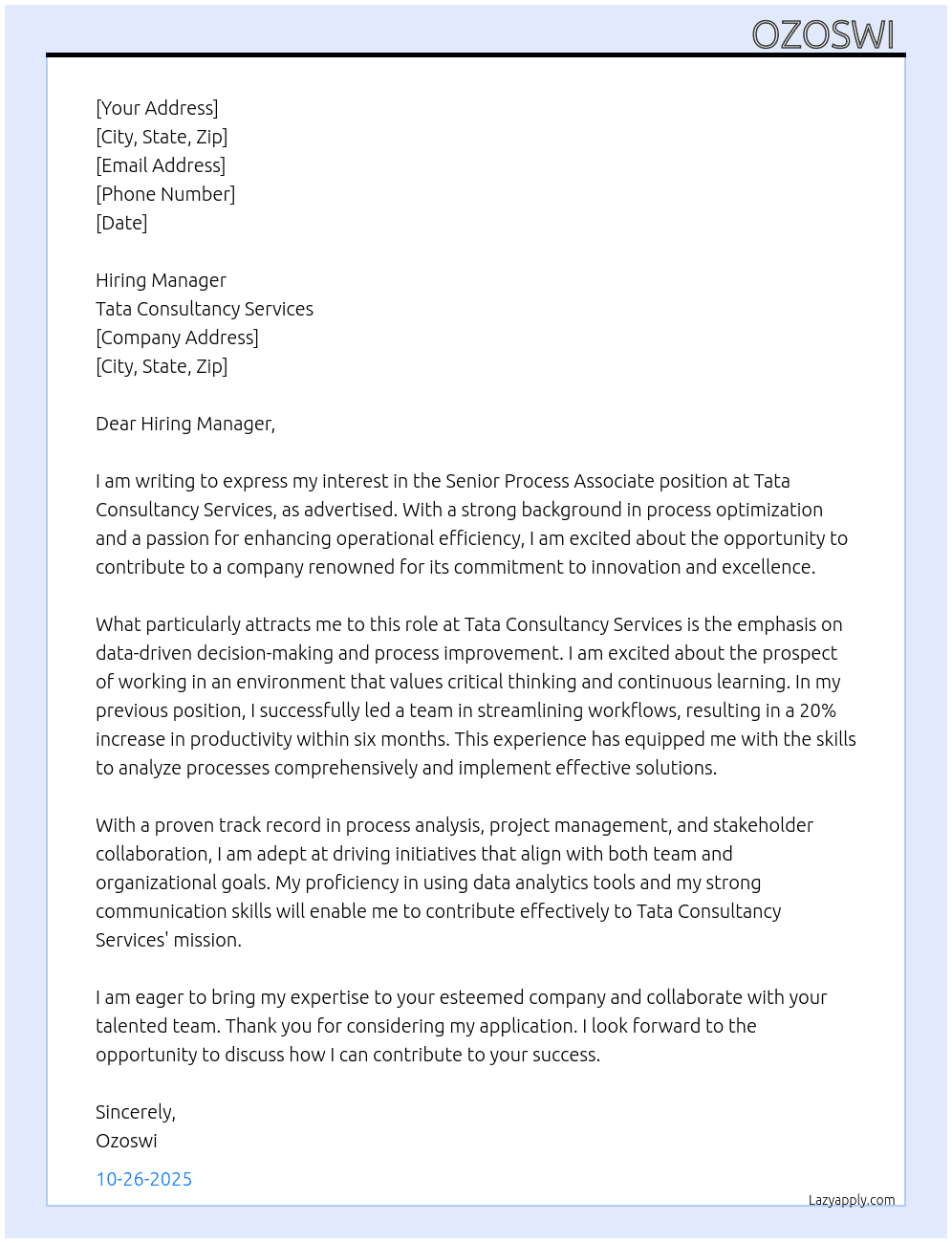 Senior Process Associate  At Tata Consultancy Services Cover Letter