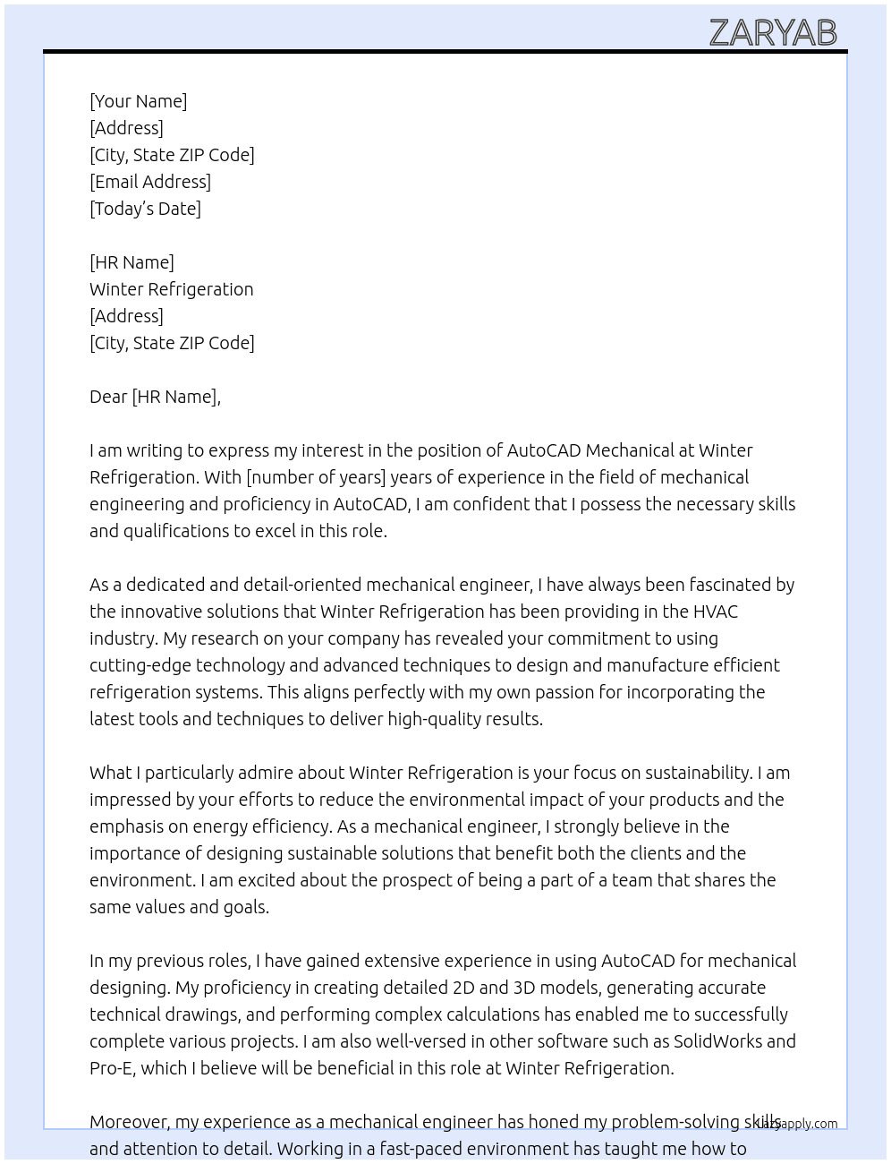 AutoCAD Mechanical  At Winter Refrigeration Cover Letter