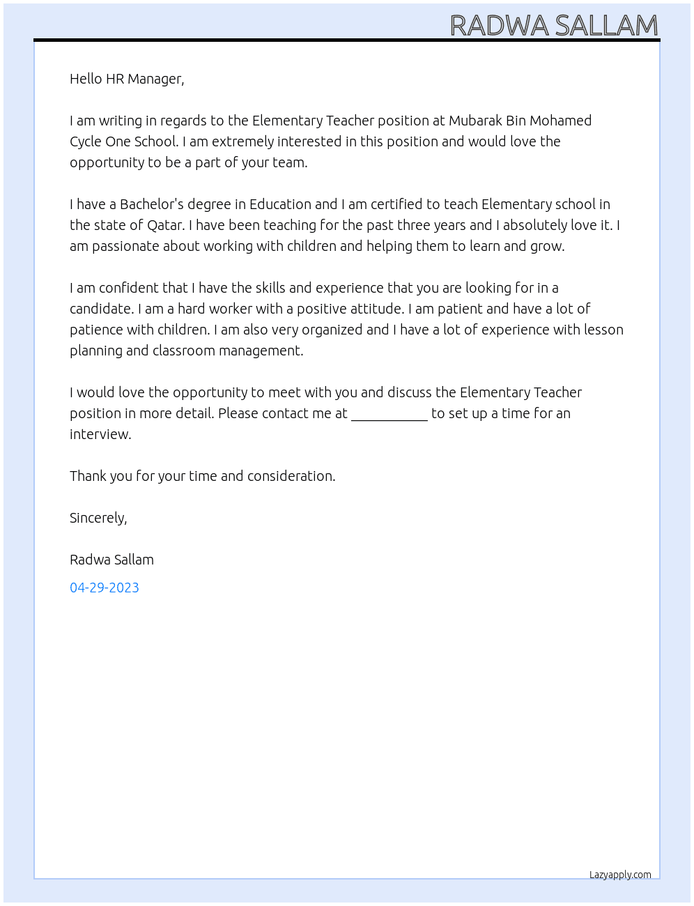Elementary teacher At Mubarak Bin Mohamed Cycle One School Cover Letter