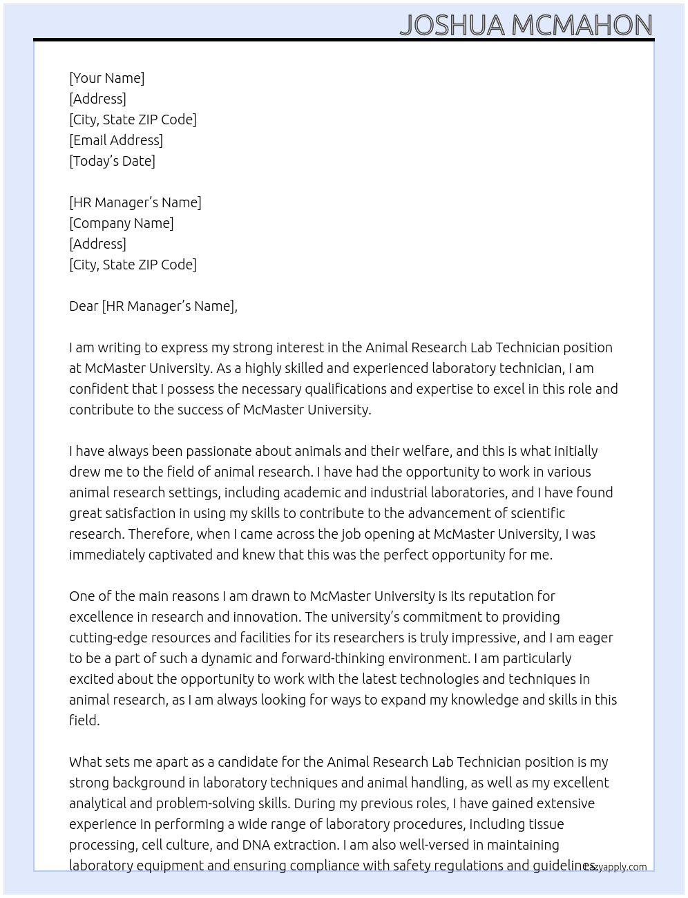 Animal Research Lab Technician  At Mcmaster University  Cover Letter