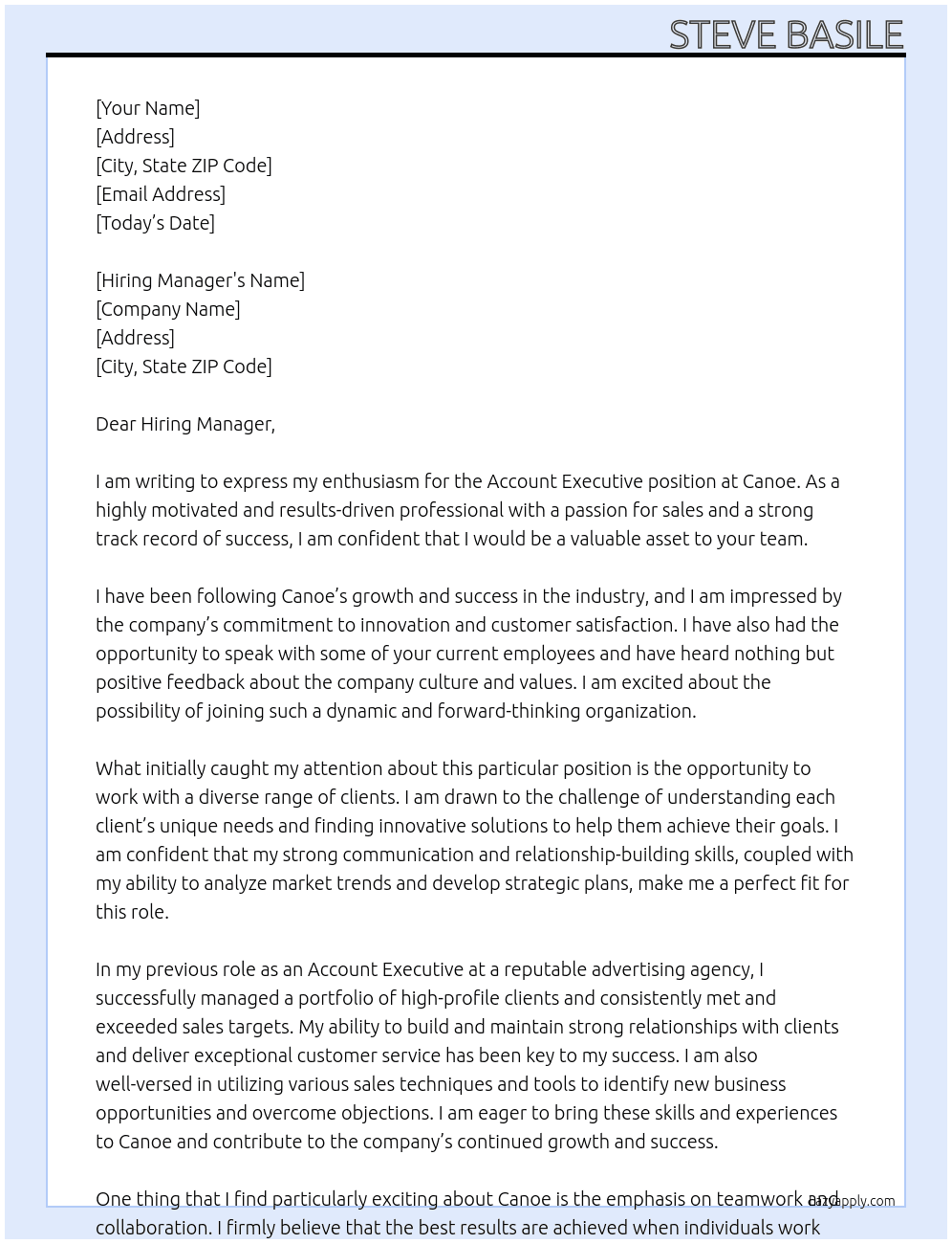 Account Executive At Canoe Cover Letter