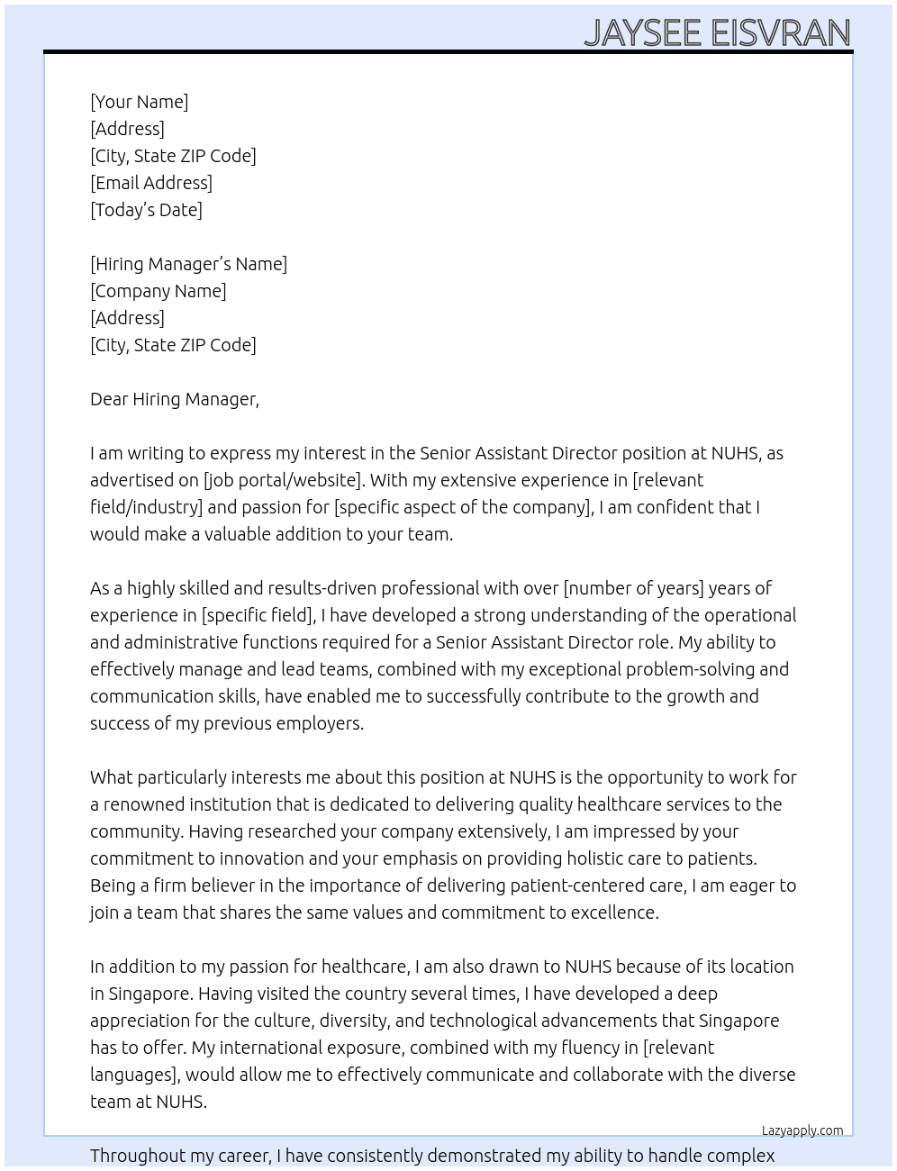 Senior Assistant Director At NUHS Cover Letter