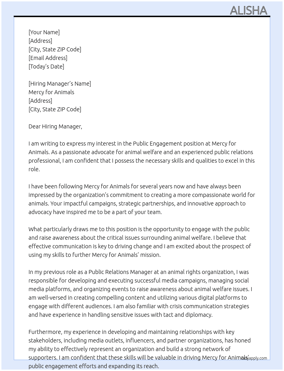 Public engagement  At Mercy for Animals  Cover Letter