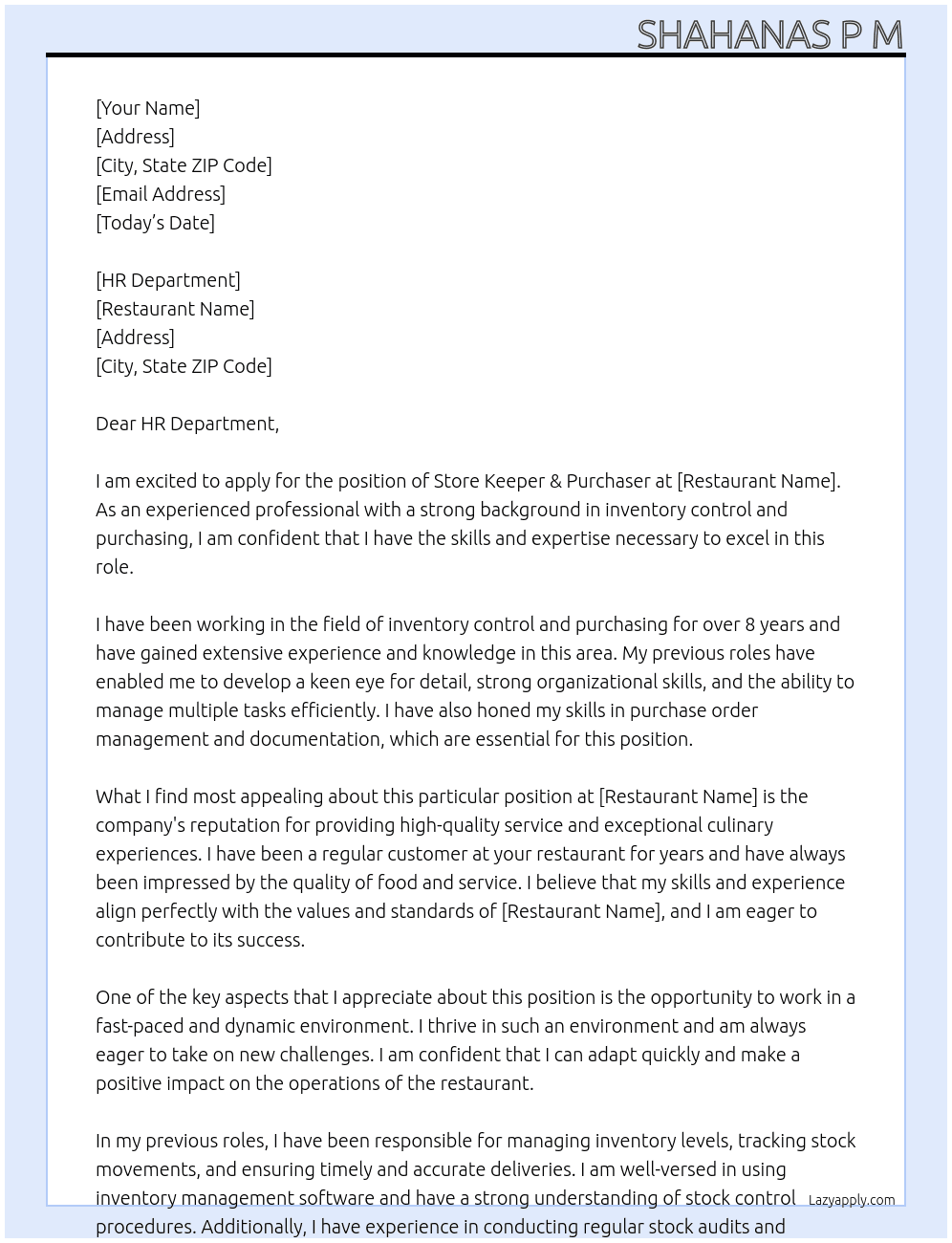 Store keeper & Purchaser At Restaurant Cover Letter