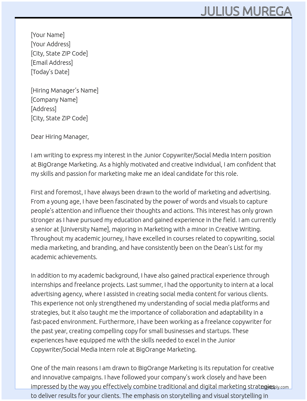 Junior Copywriter/Social Media Intern At BigOrange Marketing Cover Letter