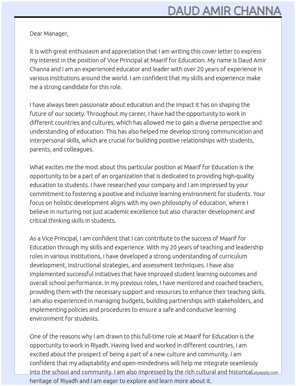 vice principal At Maarif for Education Cover Letter