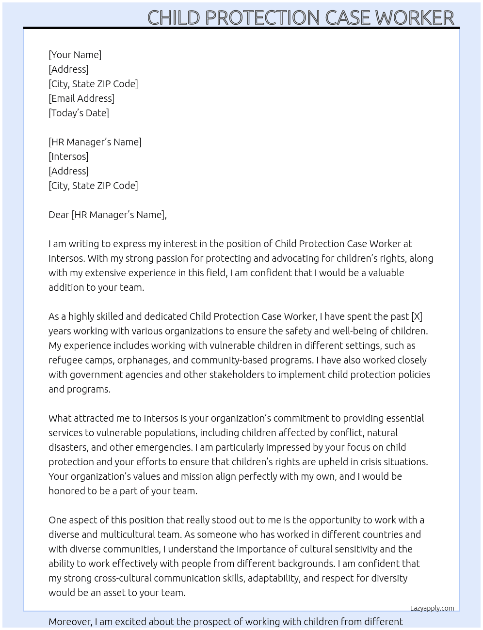 Child protection case worker  At INTERSOS Cover Letter