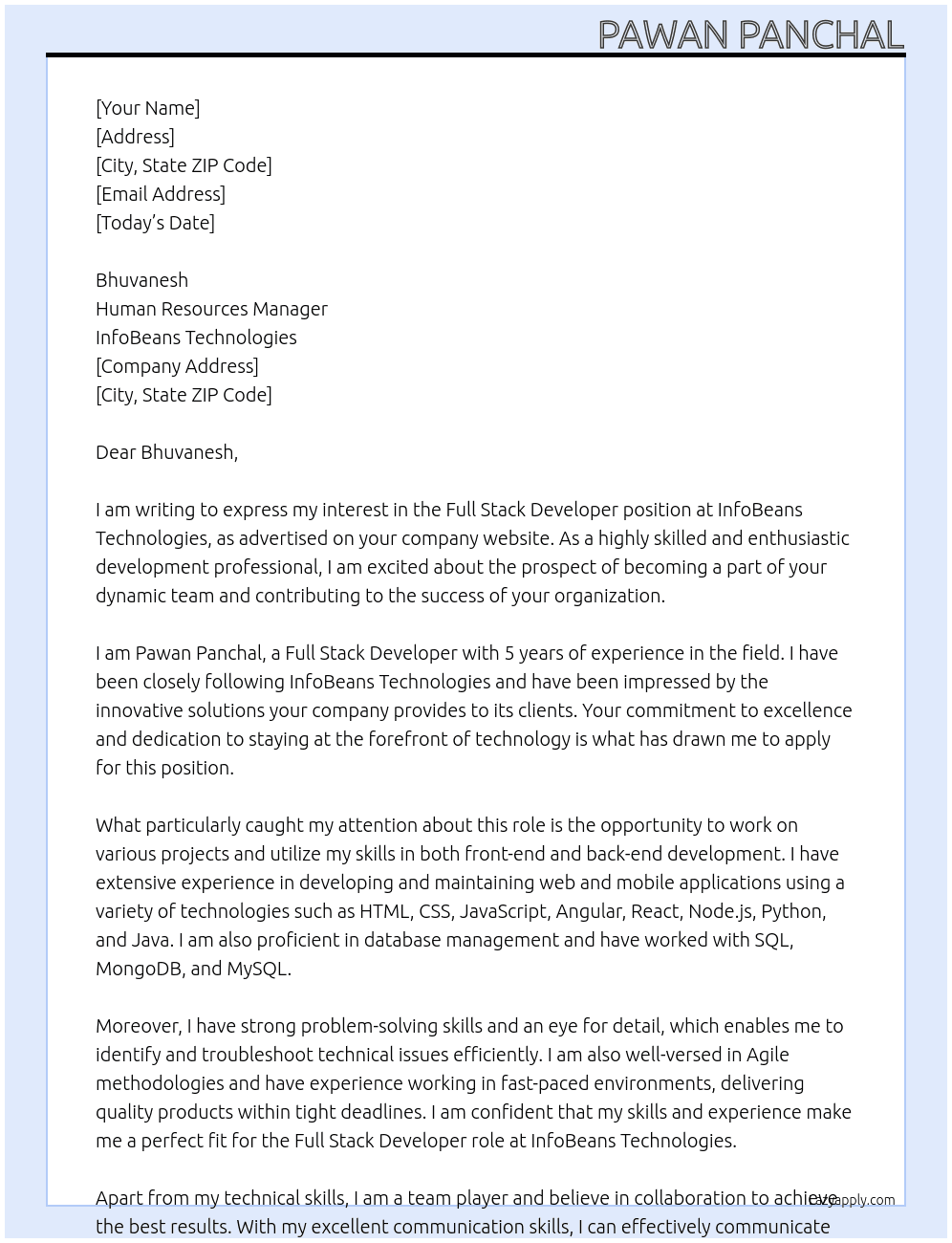 Full Stack Developer At InfoBeans Technologies Cover Letter
