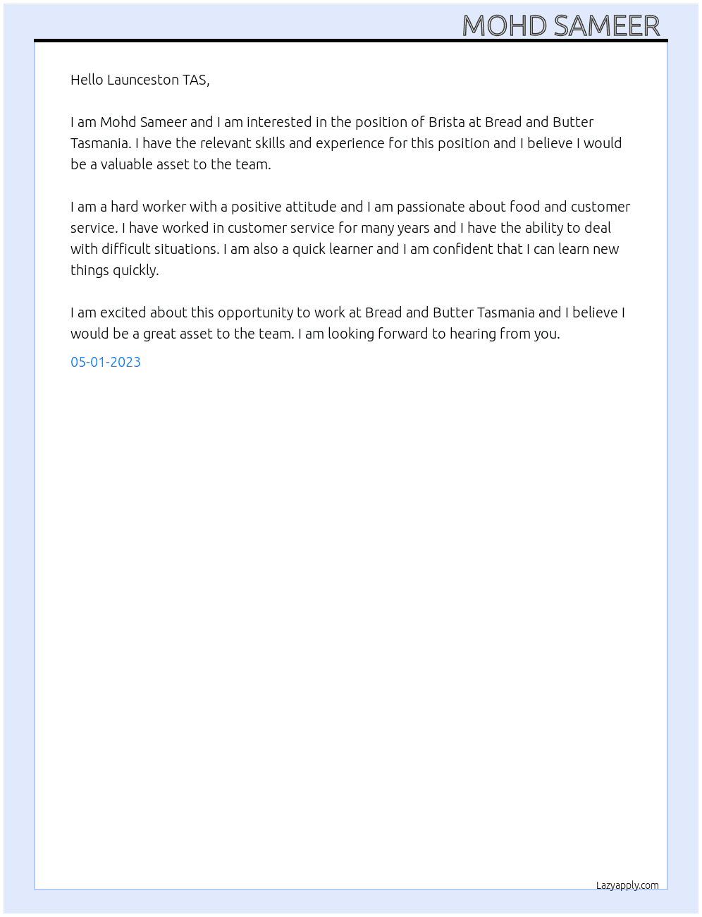 Brista  At Bread and Butter Tasmania  Cover Letter