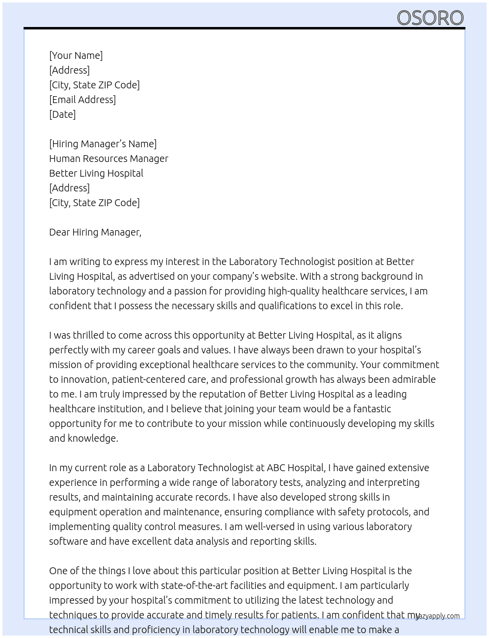 Laboratory technologist At Better living hospital Cover Letter