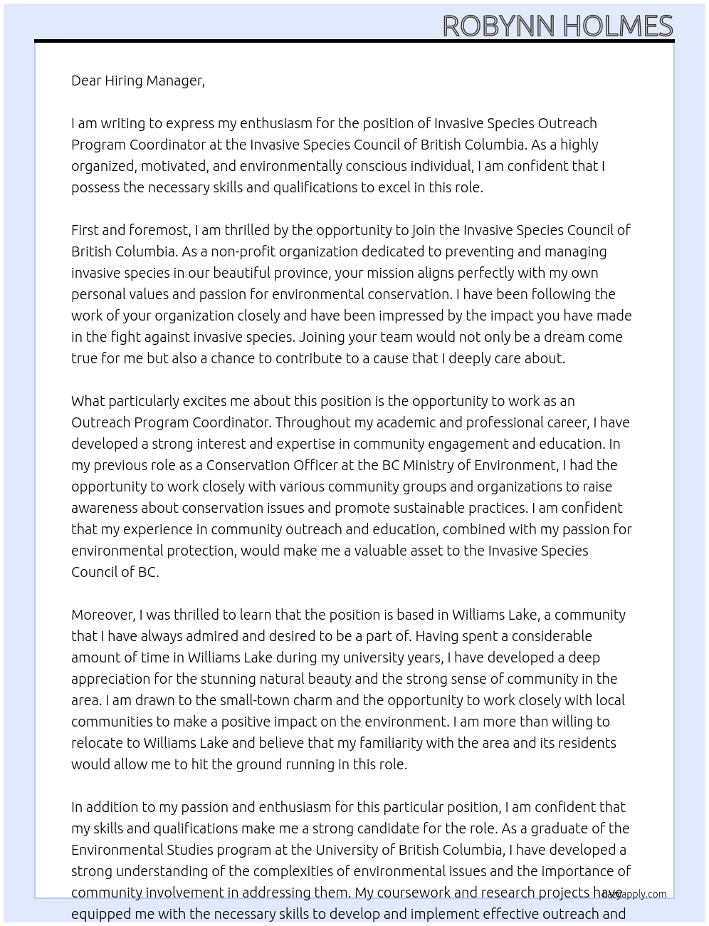 Invasive species outreach program coordinator At Invasive species council of bc Cover Letter