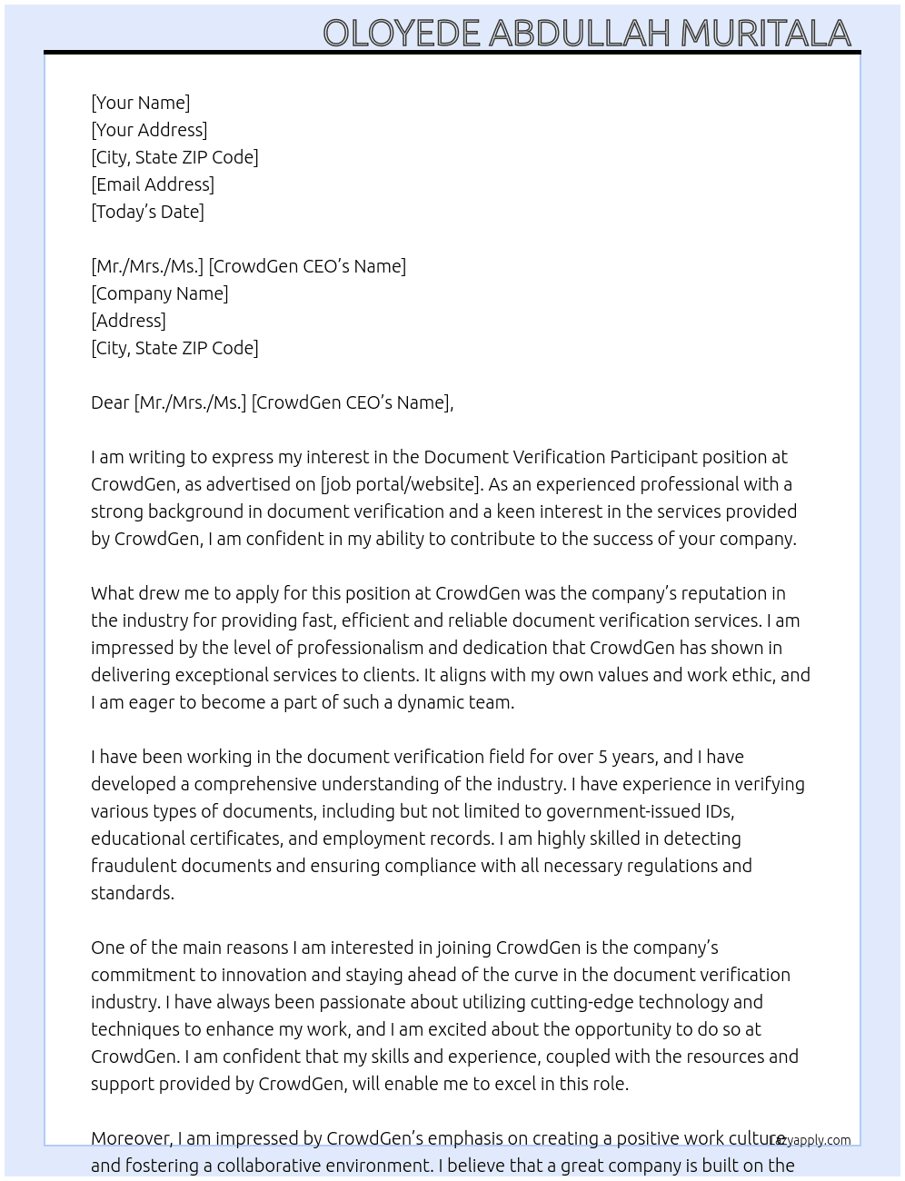 Document Verification Participant; United States At CrowdGen Cover Letter