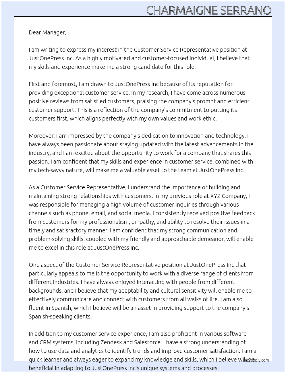 customer service representative At justonepress inc Cover Letter