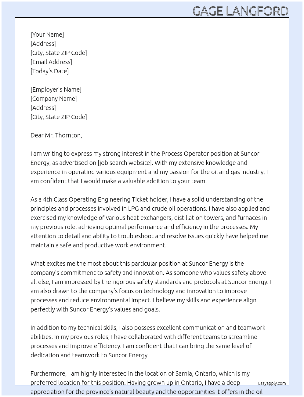 Process Operator At Suncor Energy Cover Letter