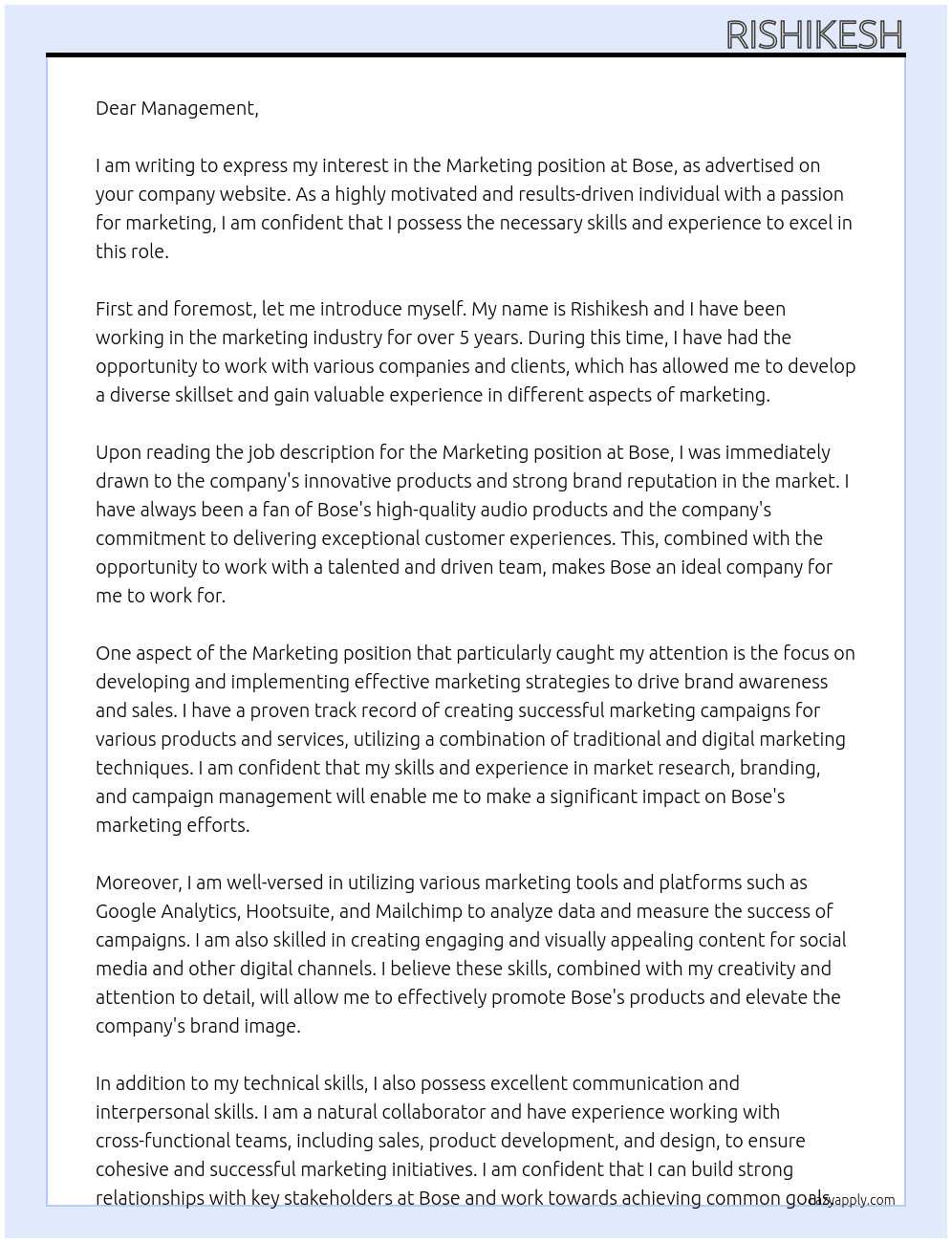 Marketing  At Bose Cover Letter