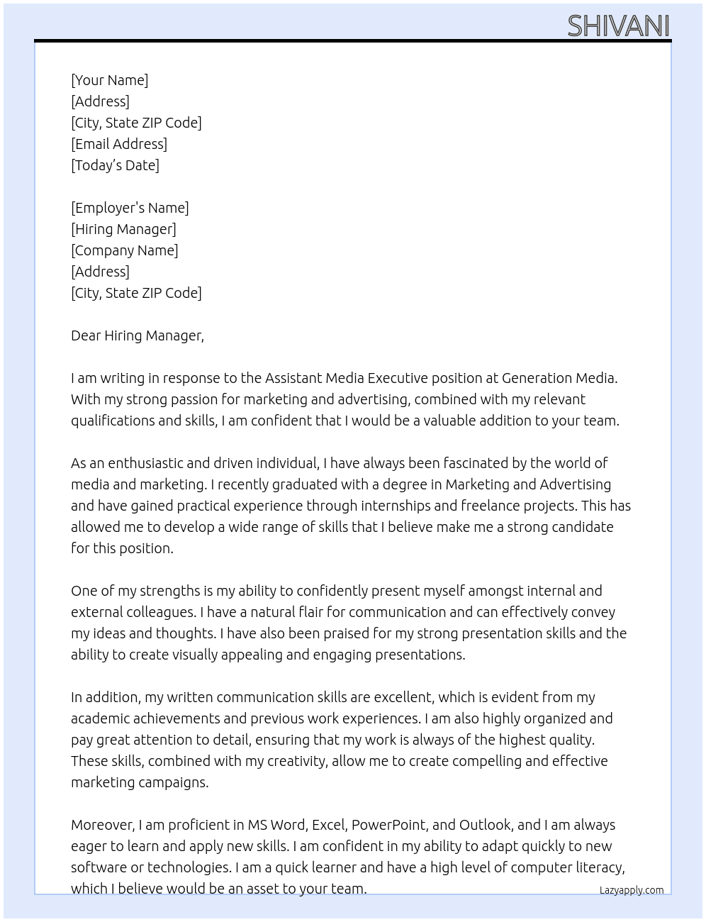 assistant media executive  At Generation Media Cover Letter