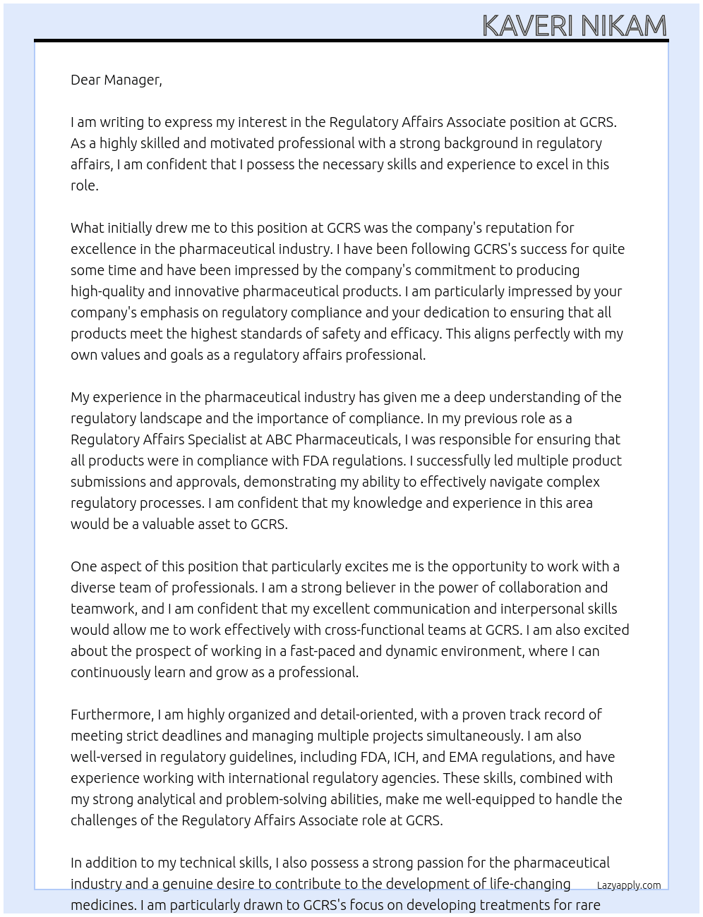 Regulatory Affairs Associate At GCRS Cover Letter