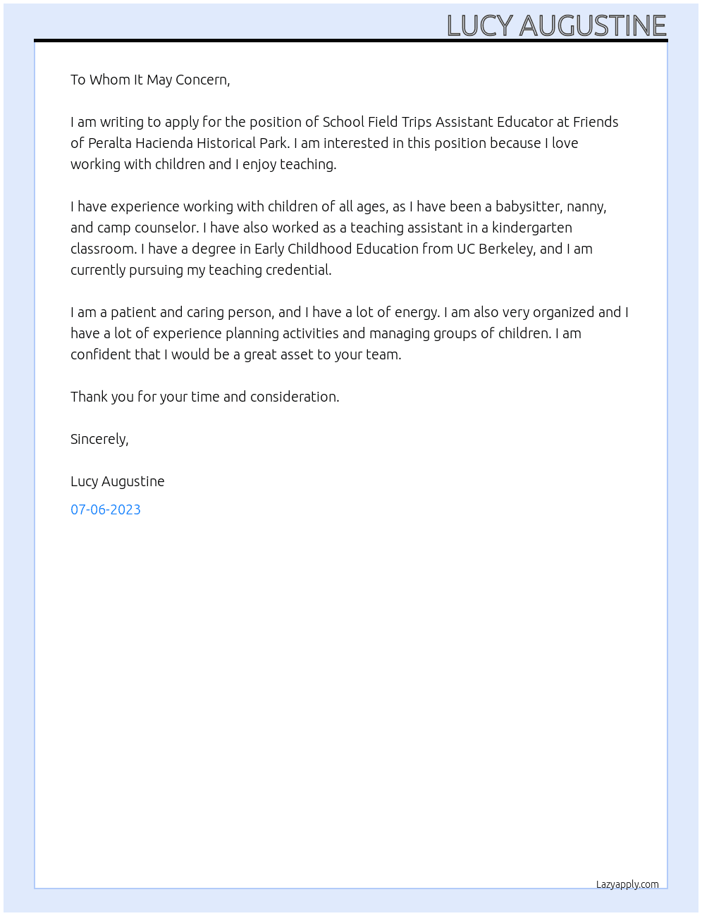 School Field Trips Assistant Educator At Friends of Peralta Hacienda Historical Park Cover Letter