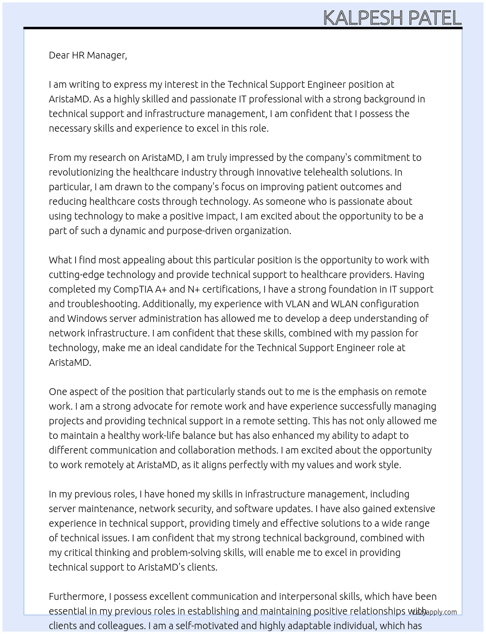 Technical Support Engineer At AristaMD Cover Letter