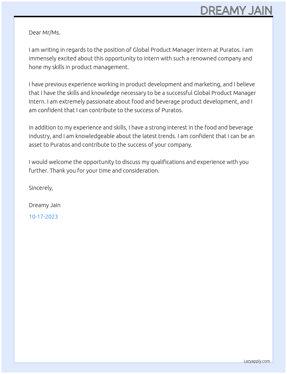 Global product manager intern At Puratos Cover Letter