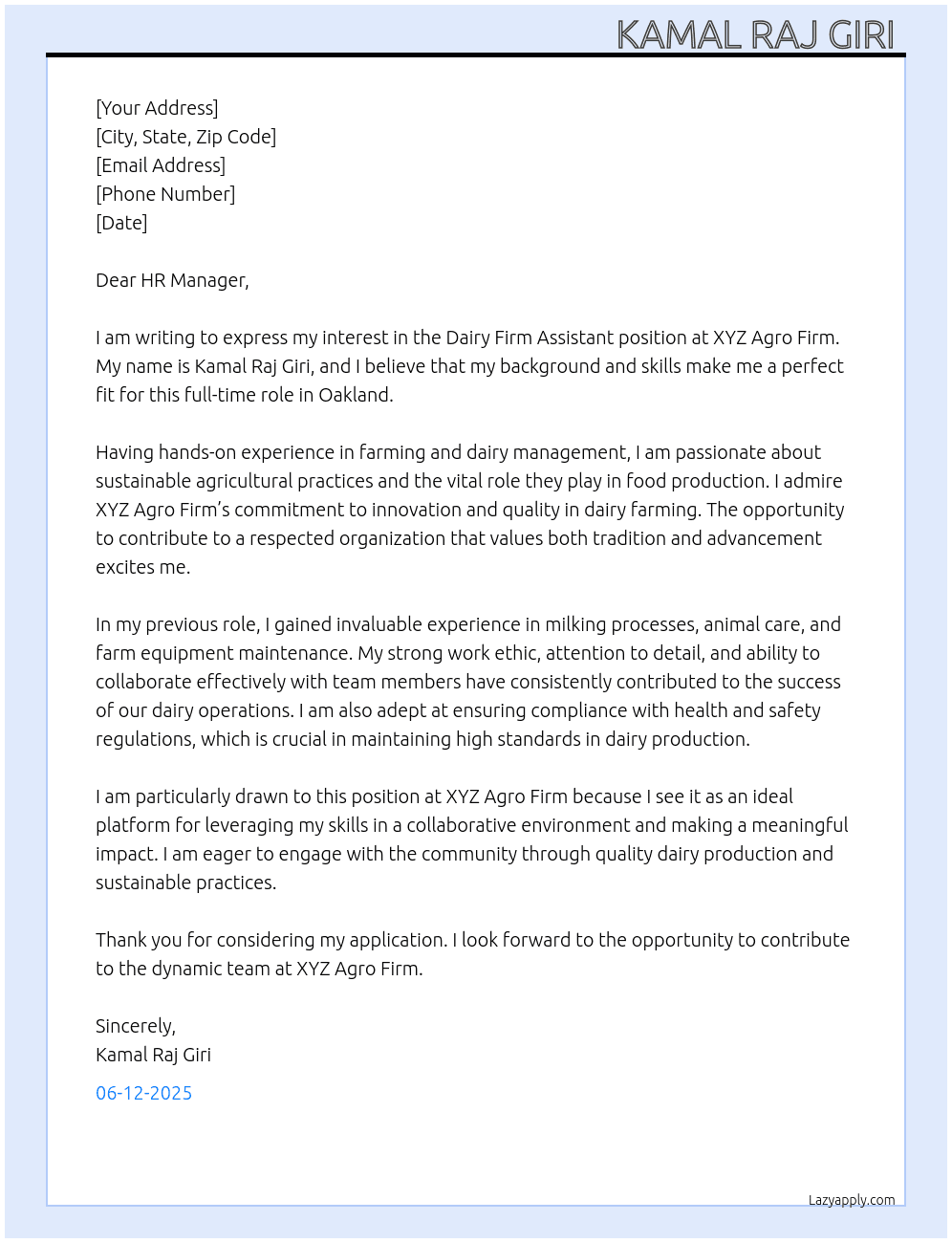 Dairy Firm Assistant  At Xyz agro firm Cover Letter