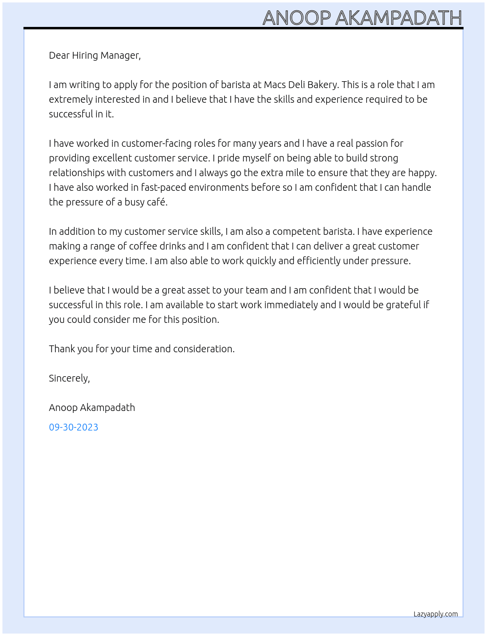 Barista At Macs Deli Bakery  Cover Letter