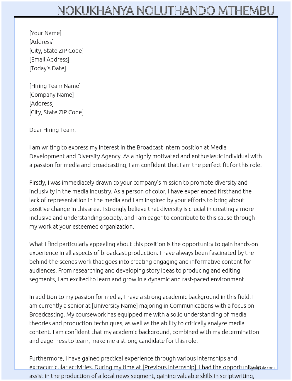 Broadcast Intern At Media Development and Diversity Agency Cover Letter