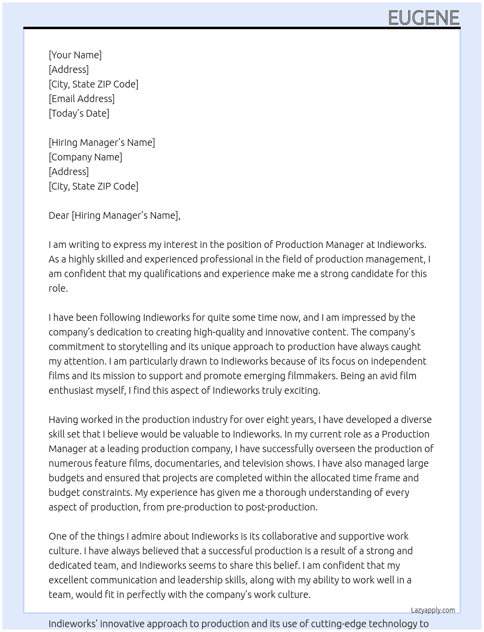 production manager At indieworks Cover Letter