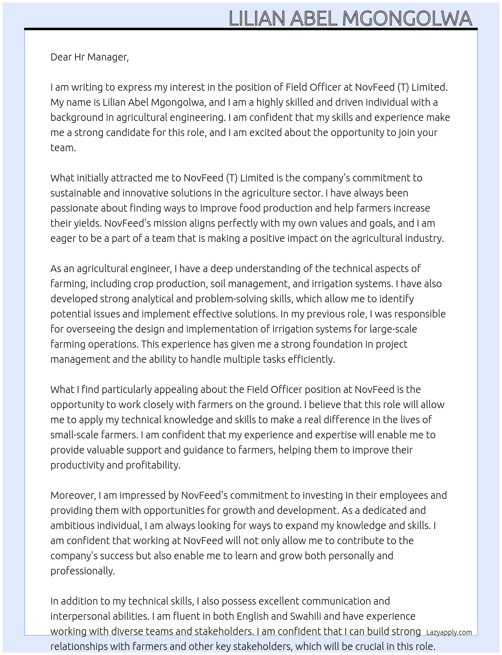 Field Officer  At NovFeed (T) Limited  Cover Letter