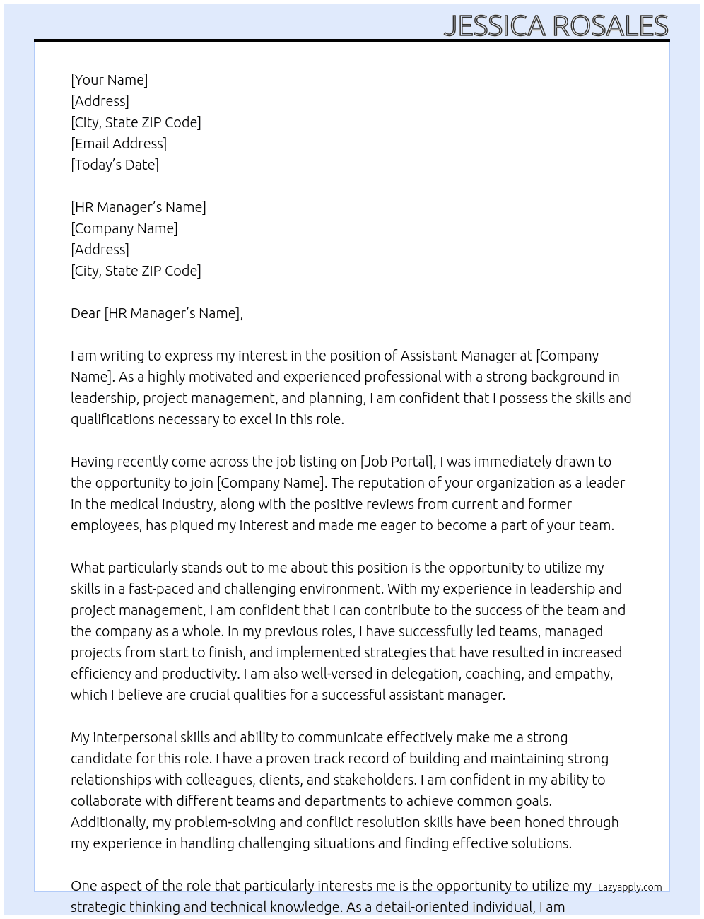 assisstant manager At MEDICAL OFFICE Cover Letter