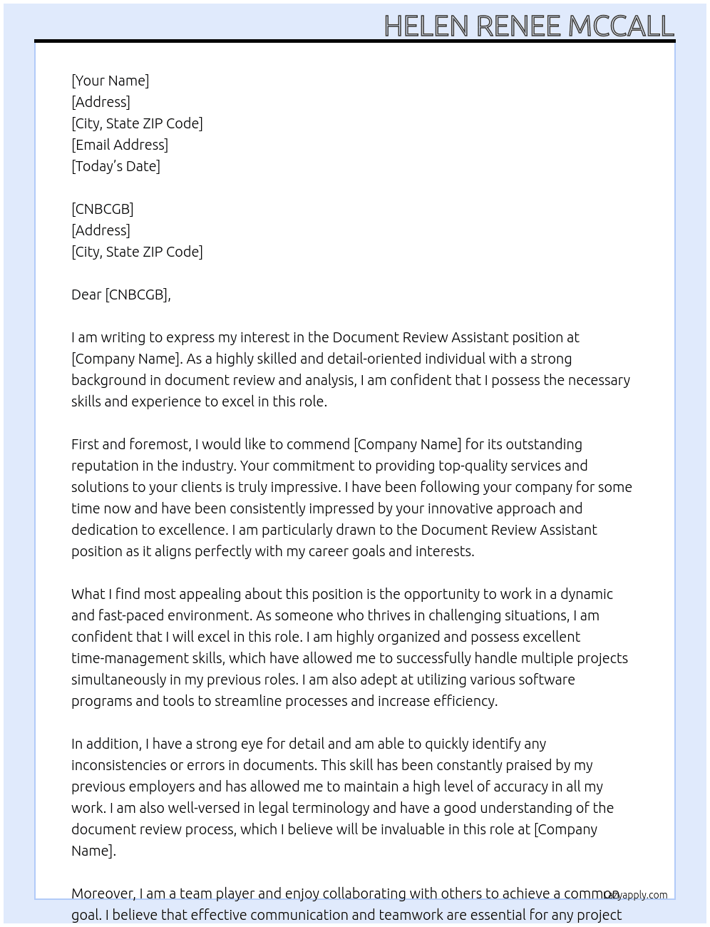 Document Review Assistant  At gfhf Cover Letter
