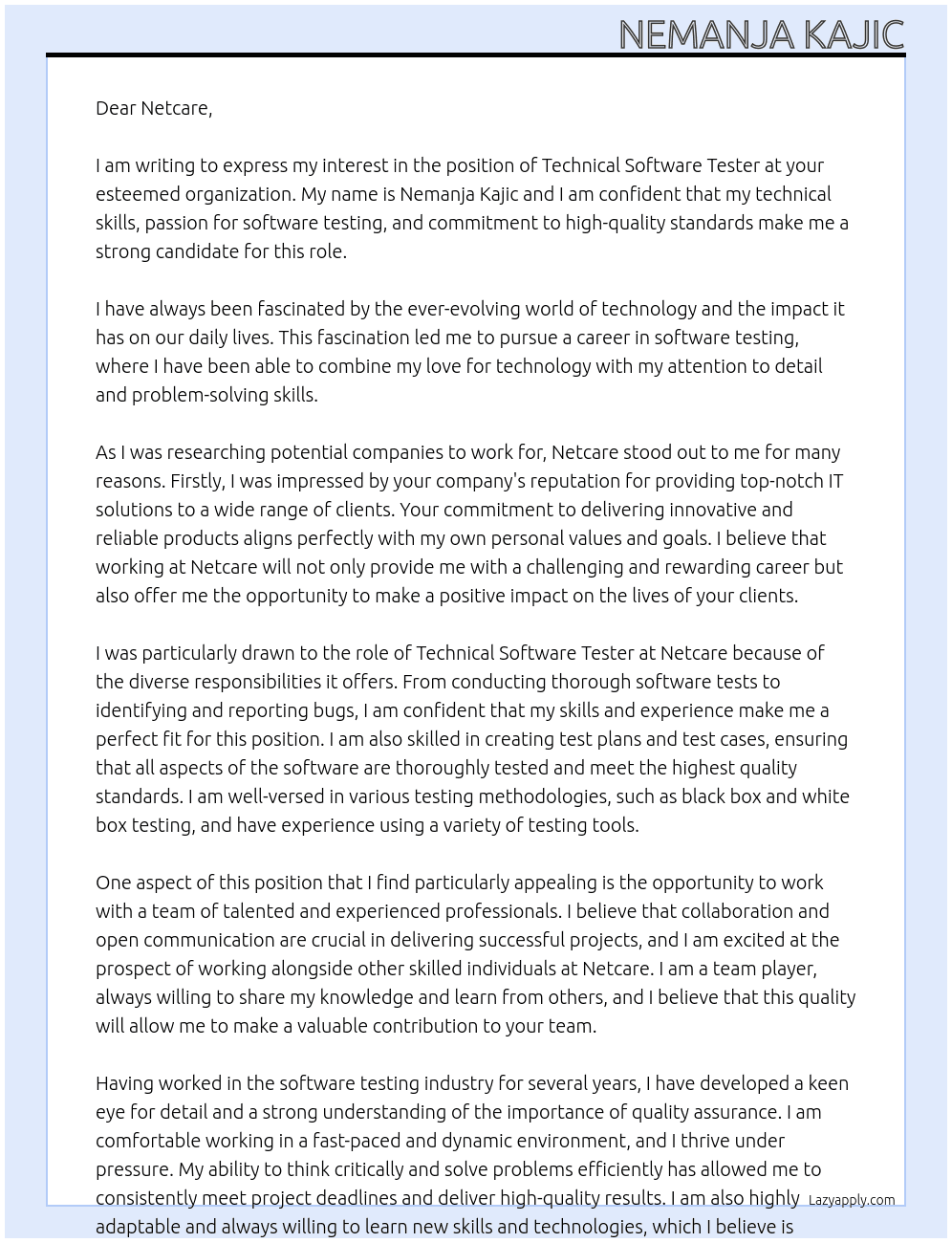 Technical Software Tester At netcare Cover Letter