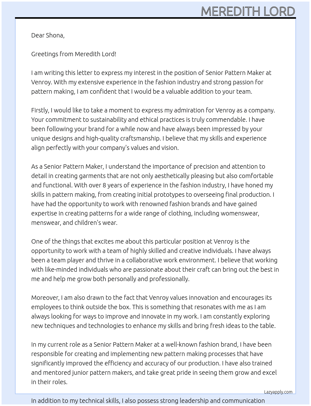Senior Pattern Maker At Venroy Cover Letter