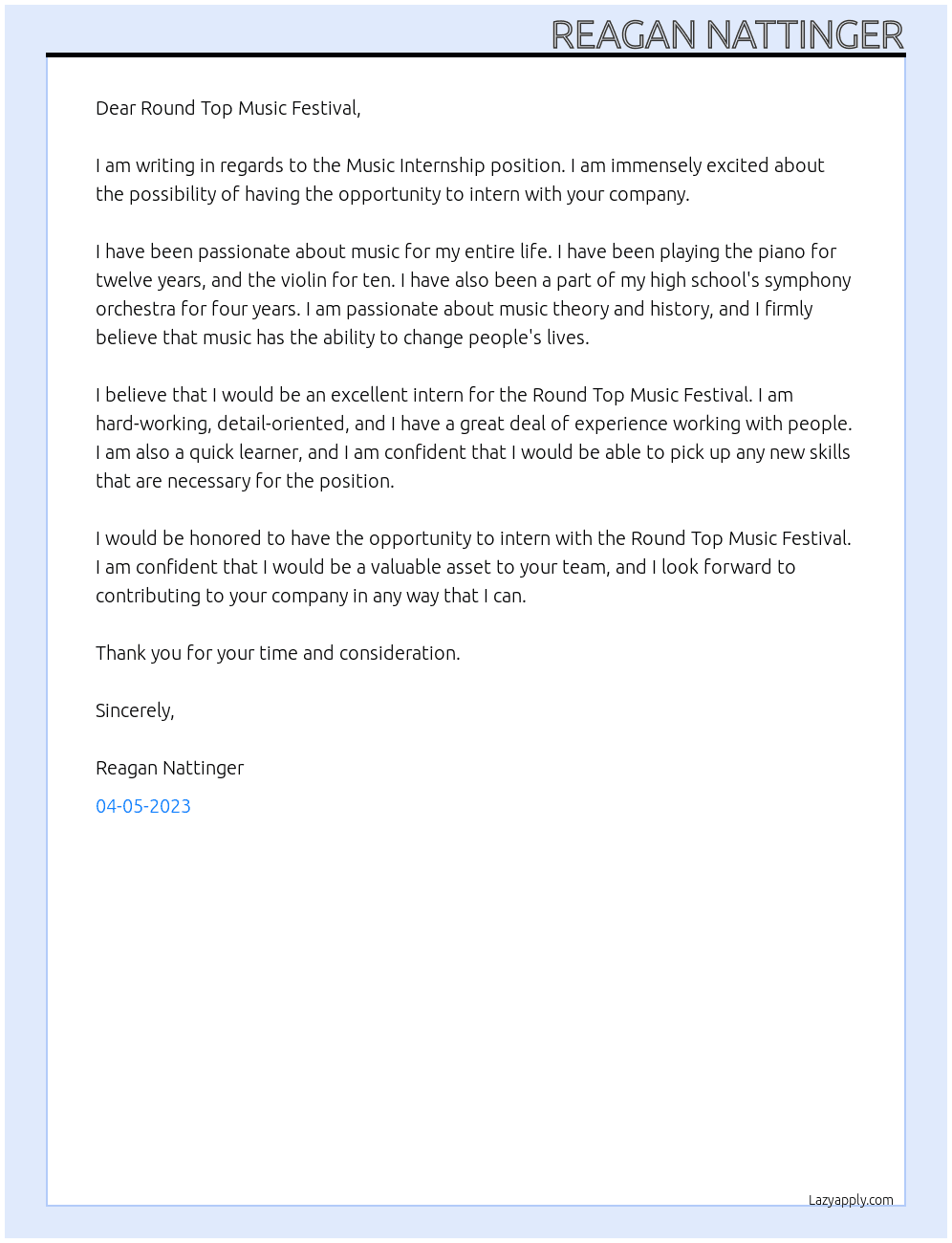 Music Internship At Round Top Music Festival Cover Letter