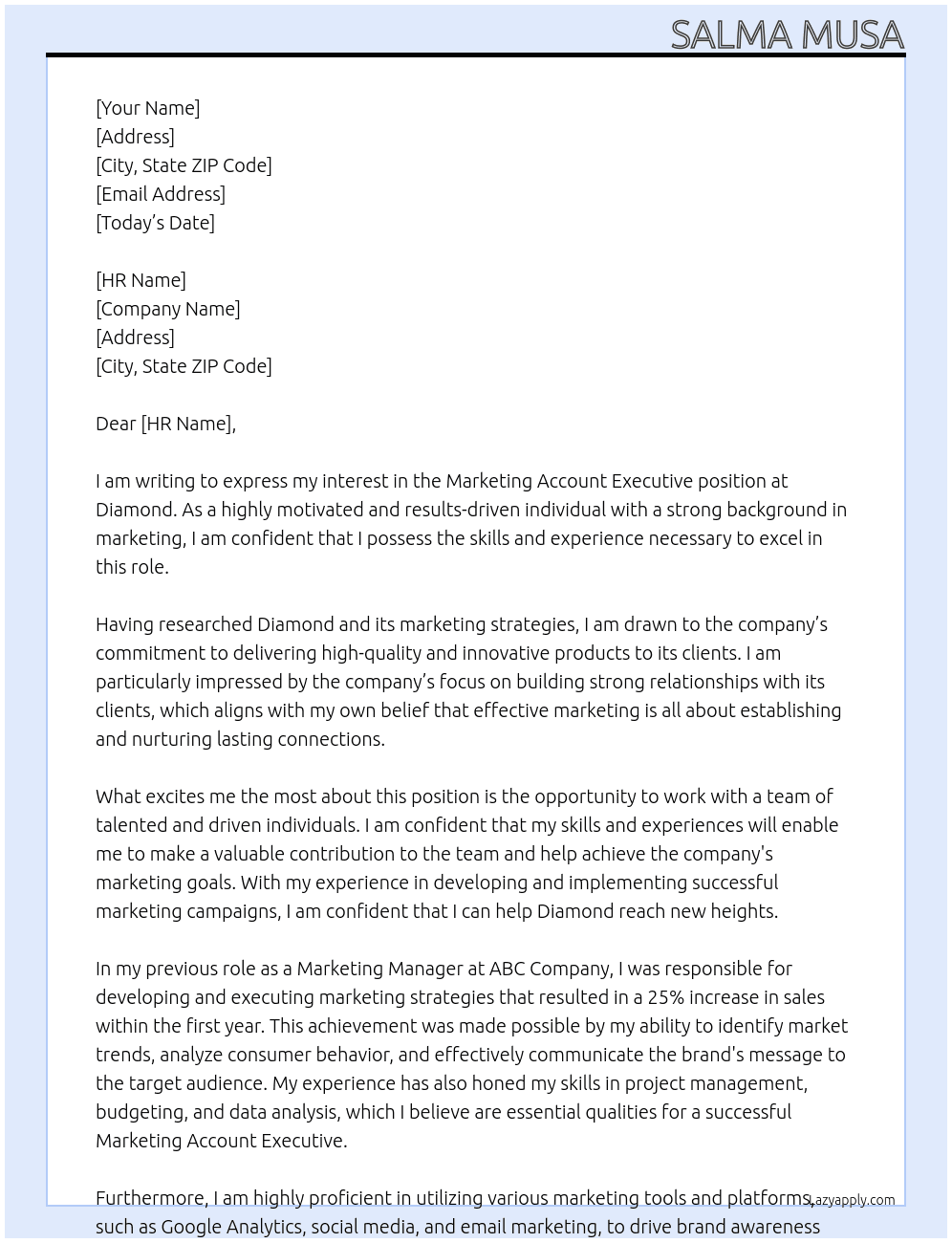 Marketing Account Executive At Diamond Cover Letter