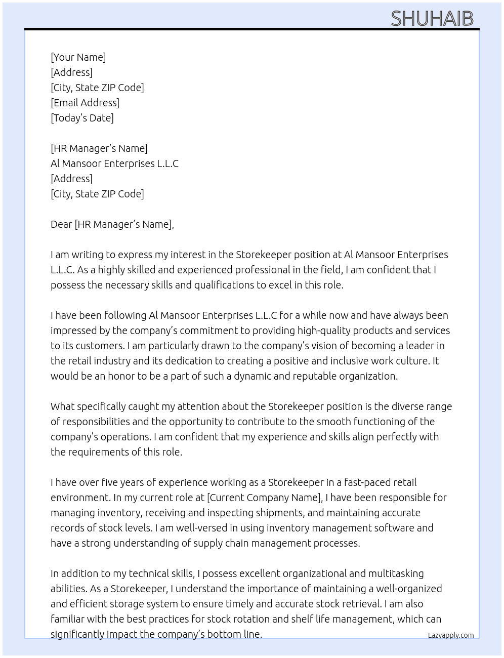 Storekeeper  At Al Mansoor Enterprises L.L.C Cover Letter