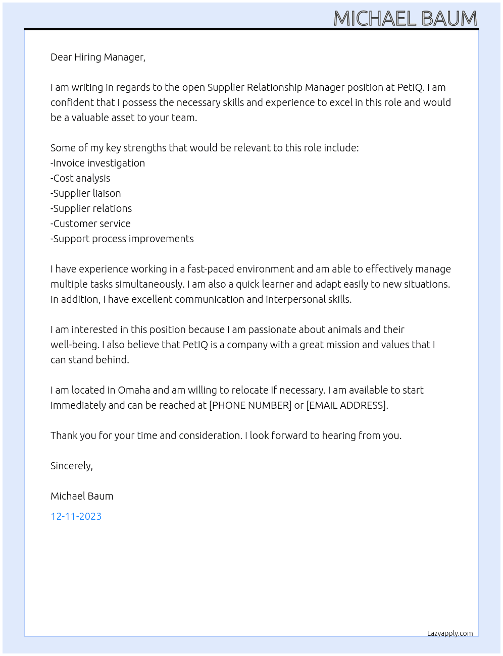 Supplier Relationship Manager At PetIQ Cover Letter