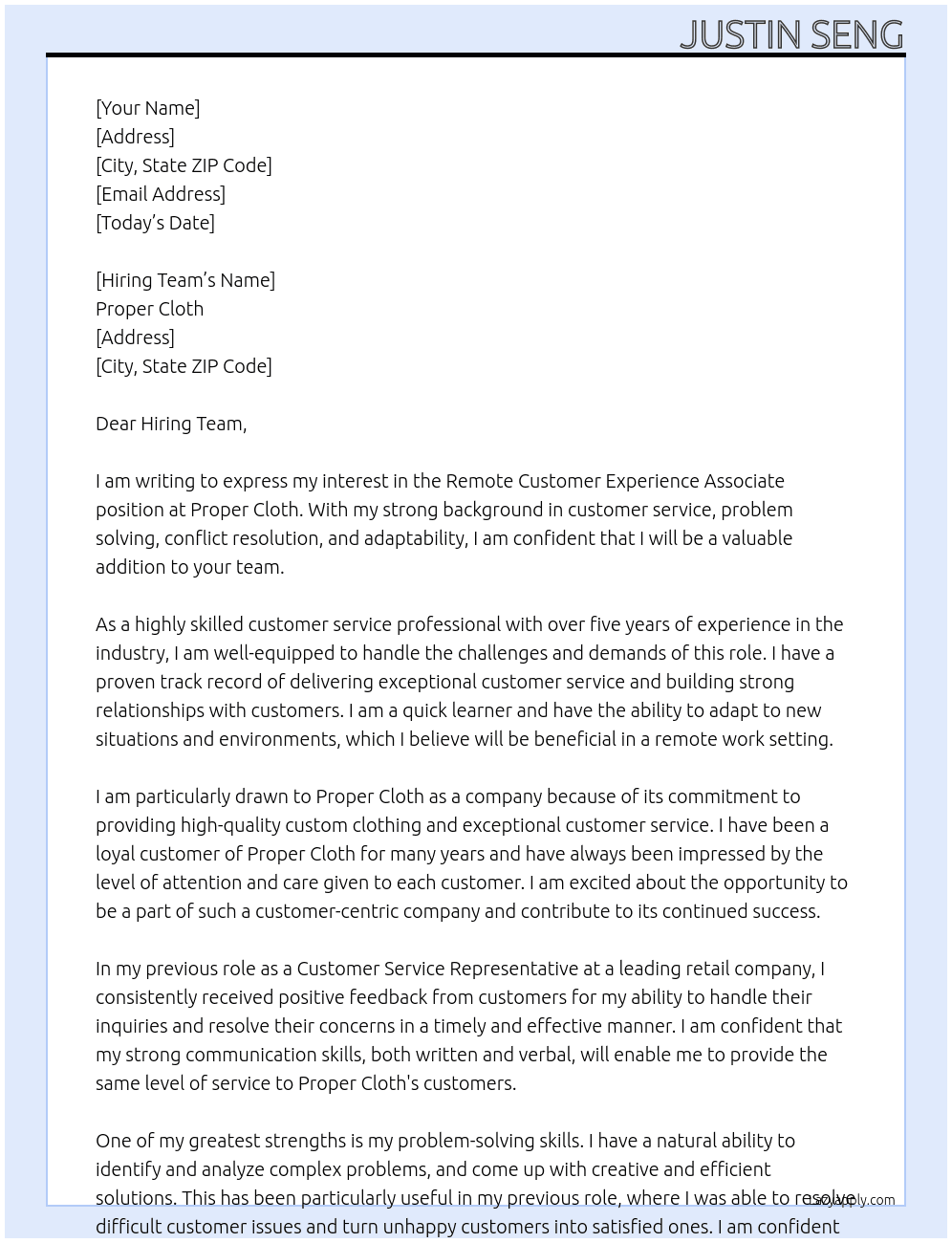 Remote Customer Experience Associate At Proper Cloth Cover Letter