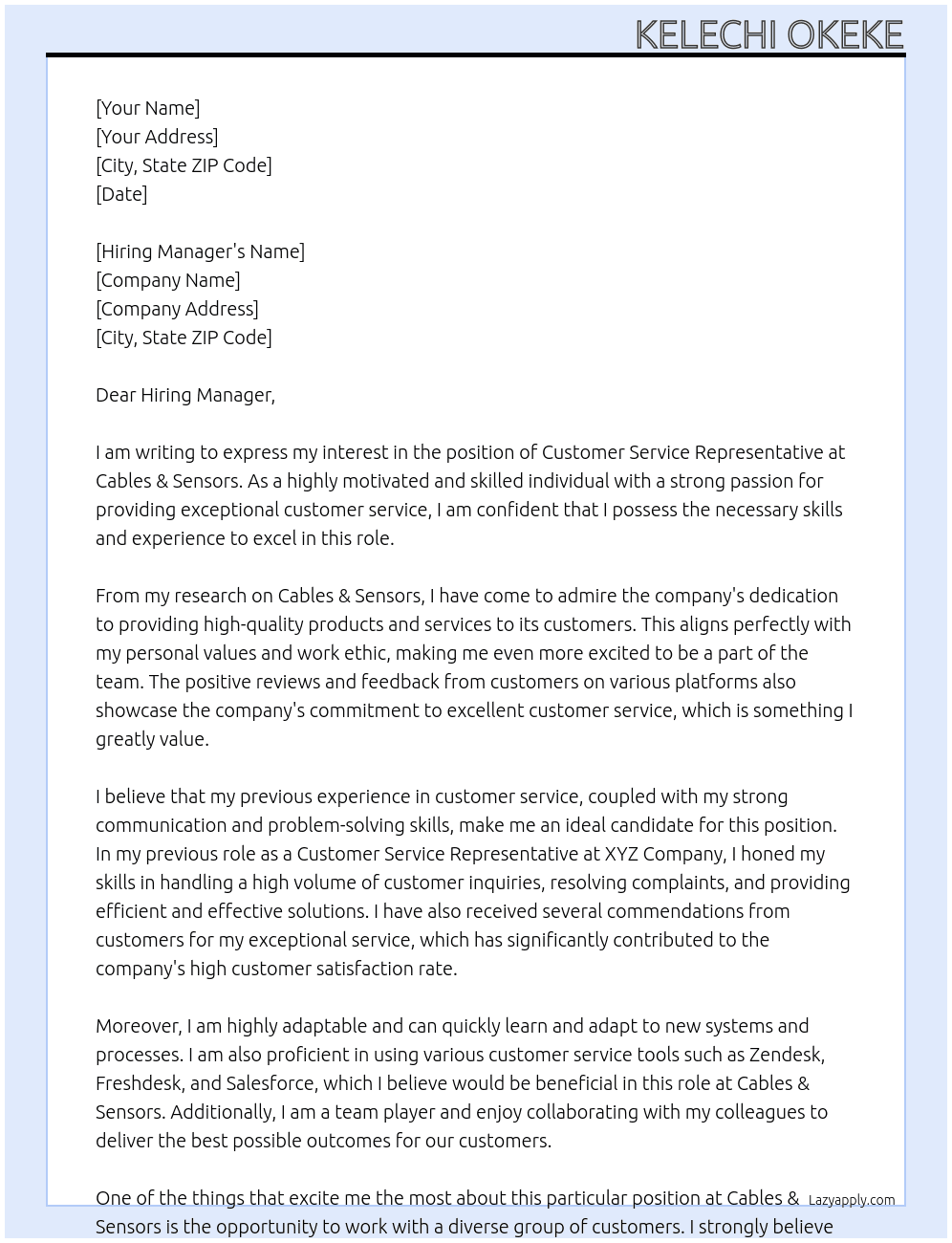 Customer Service Representative At Cables & Sensors Cover Letter