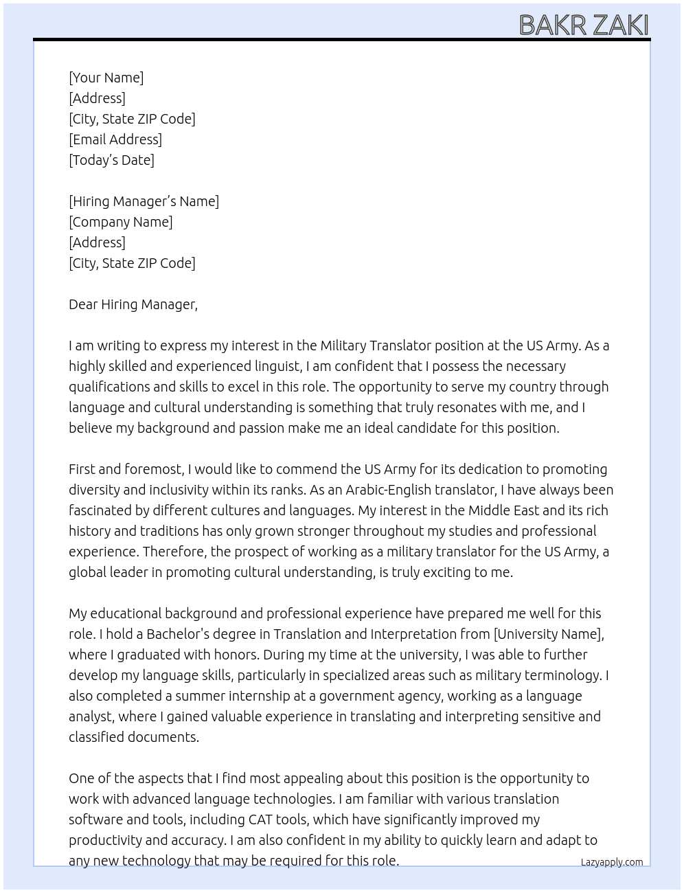 military translator At US Army Cover Letter