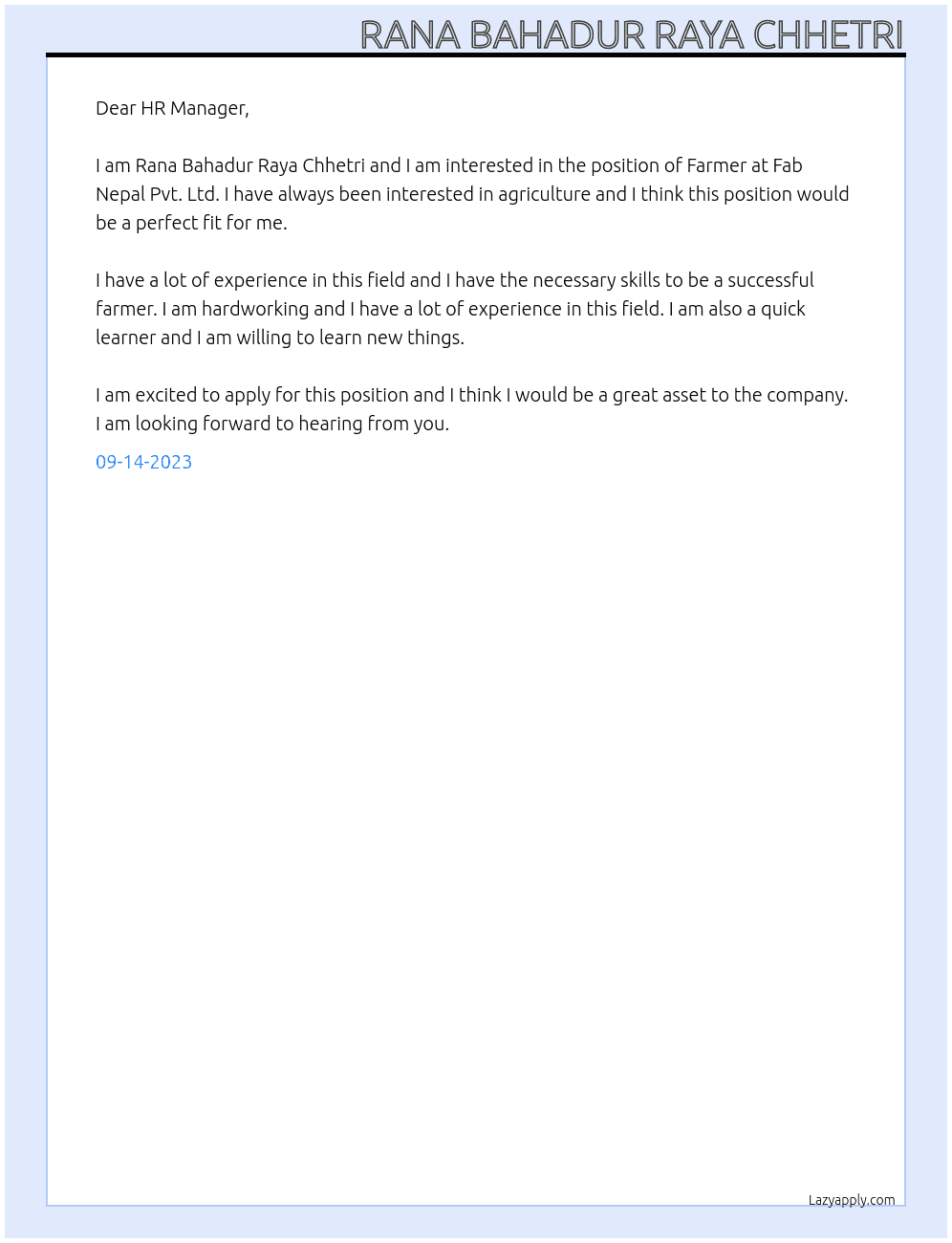 Farmer At Fab Nepal Pvt. Ltd. Cover Letter