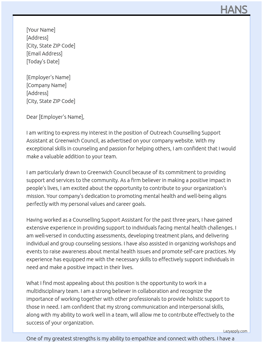 Outreach Counselling Support Assistant At greenwich coucil Cover Letter