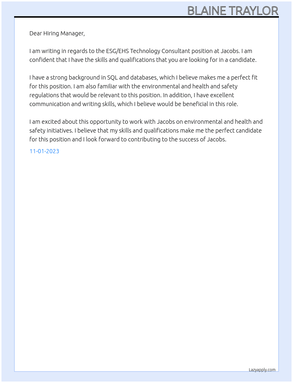 ESG/EHS Technology Consultant At Jacobs Cover Letter