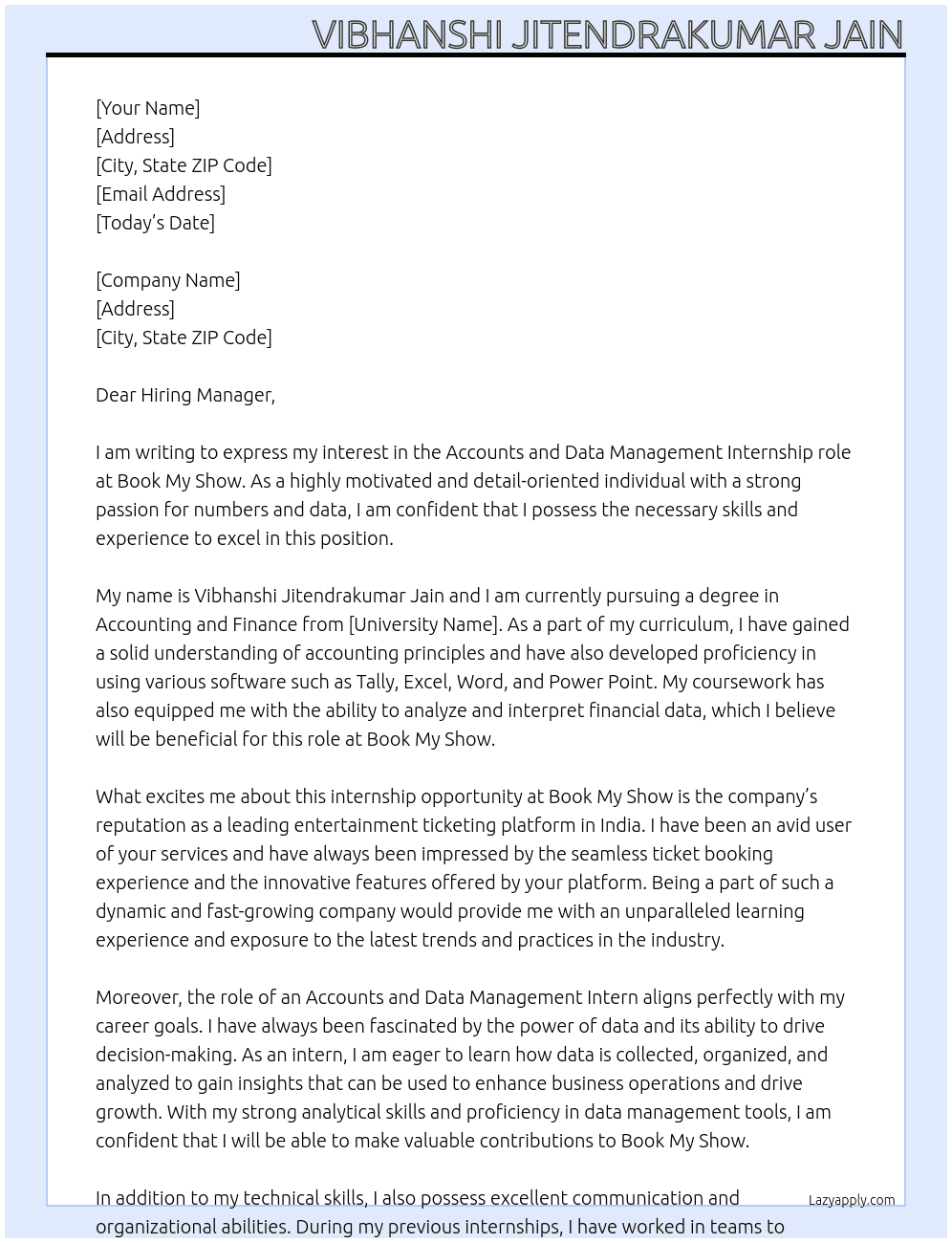 Accounts,data management  At Book my show Cover Letter