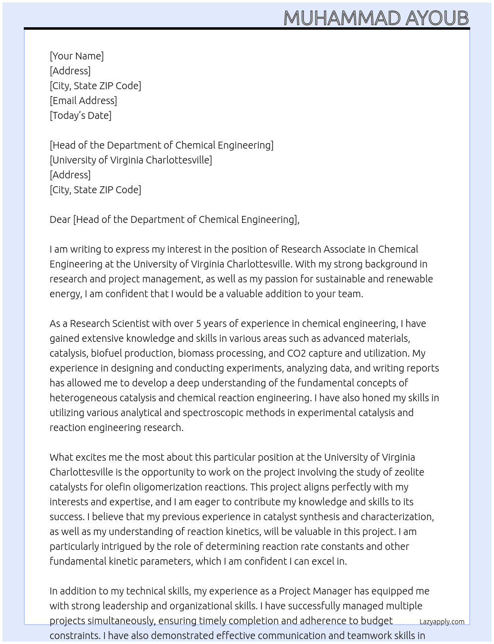 Research Associate in Chemical Engineering At University of Virginia Charlottesville Cover Letter