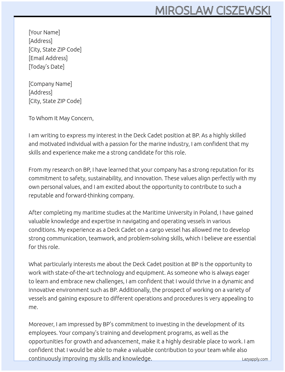 Deck Cadet At BP Cover Letter